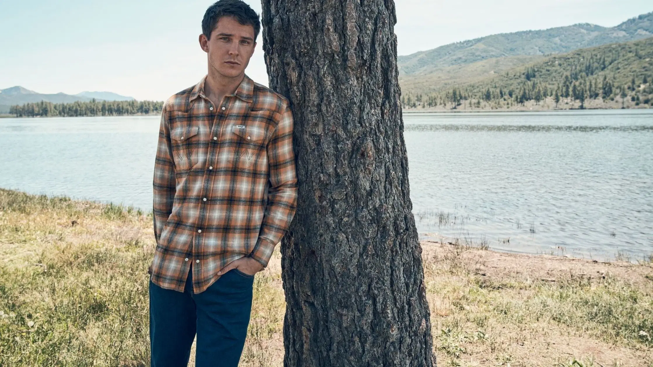 Classic and Cool: Wrangler Brown Shirt and Blue Jeans